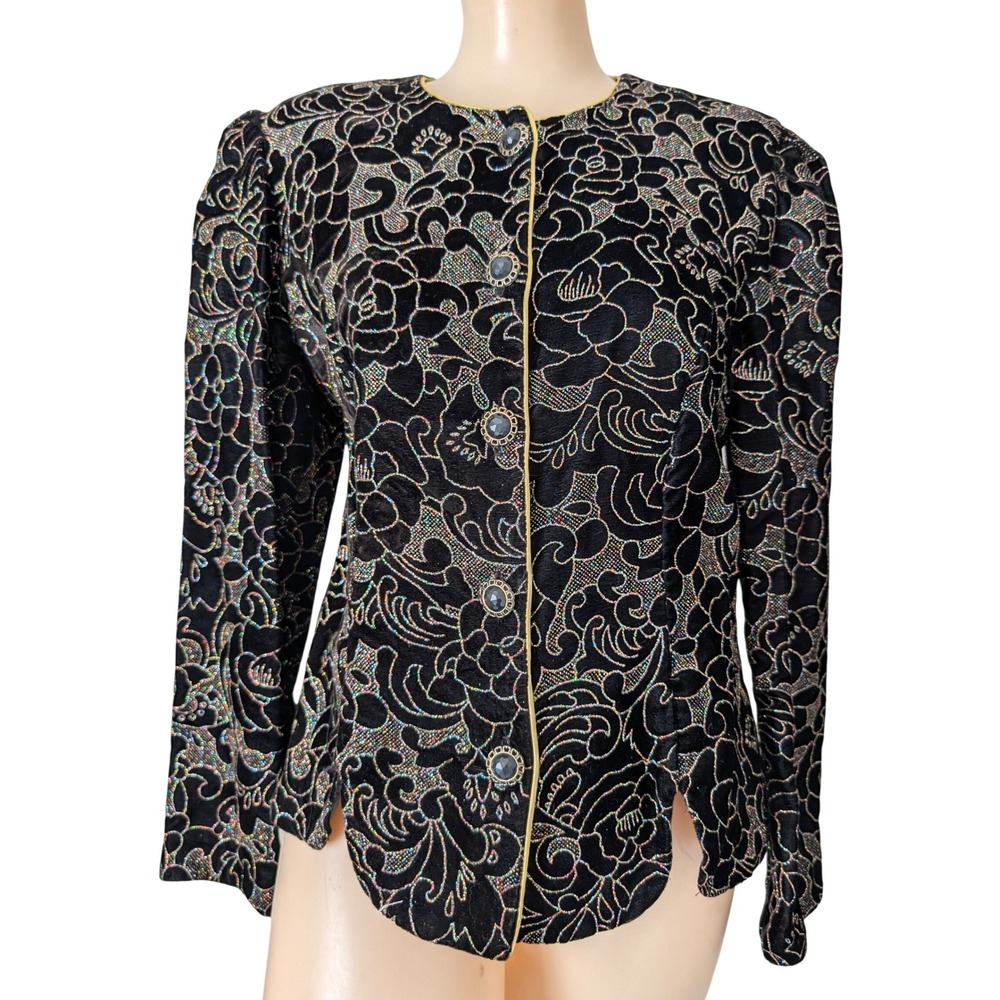Vintage Dark Floral Velvet Blazer Women 10P Artsy Romantic Goth‎ Evening Jacket